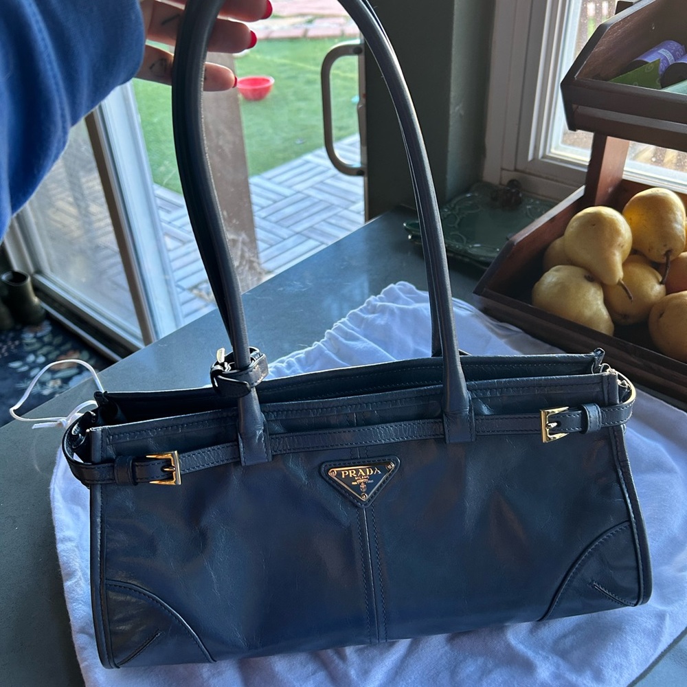 Prada Bonnie Dark Blue Leather Shoulder Bag medium